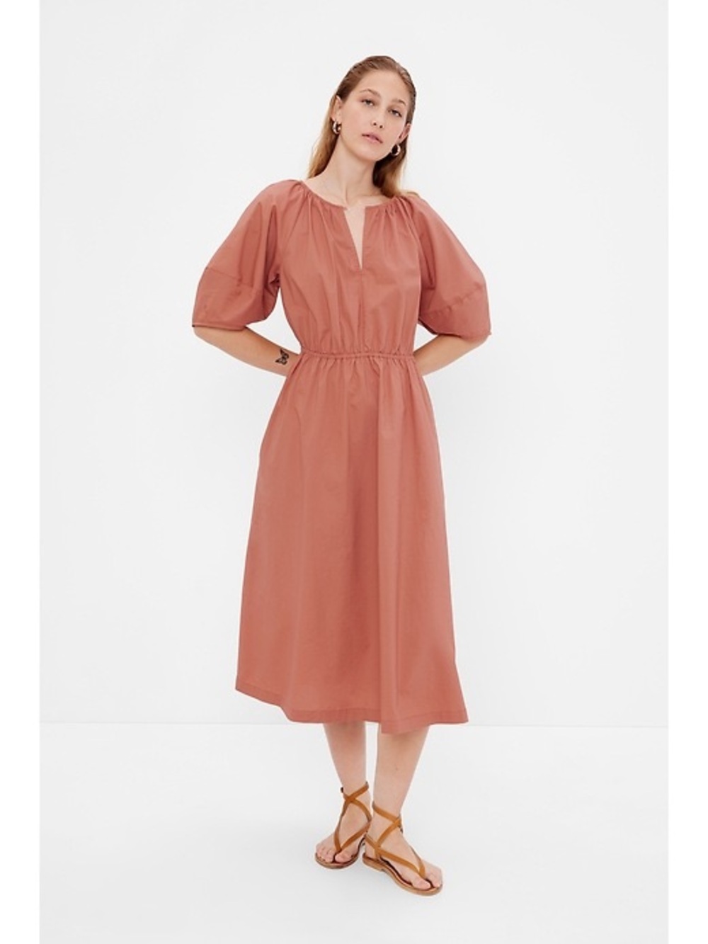 GAP Women's Puff-Sleeve Midi Dress in Dusty Rose - 100% Cotton